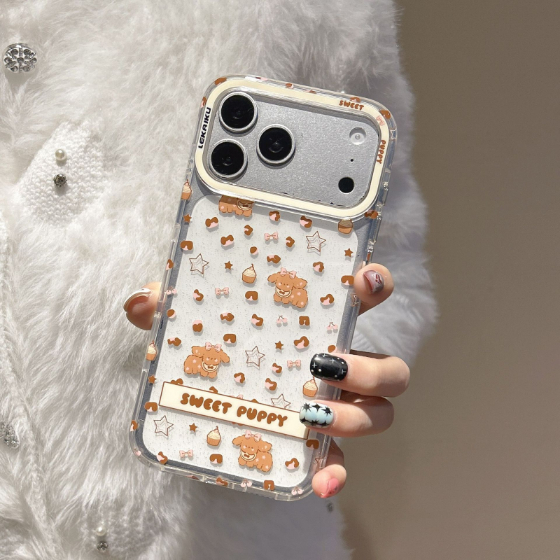 Maska za stražnji poklop za iPhone 13 i iPhone 14 Pro Max s leopard printom i motivima slončića i šteneta, originalni dizajn, kreativni stil, korejski stil, lagani luksuz, proziran