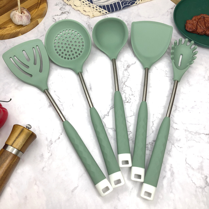 Set din silicon pentru bucătărie, ustensile de gătit, spatulă antiaderentă și lingură de supă, 6 piese