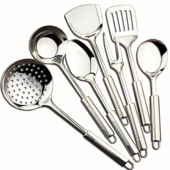 Set de ustensile din oțel inoxidabil: spatulă pentru legume, lingură de supă, spatulă pentru prăjit și spatulă cu cap dublu, mâner lucios; oțel inoxidabil 201 nemagnetic.