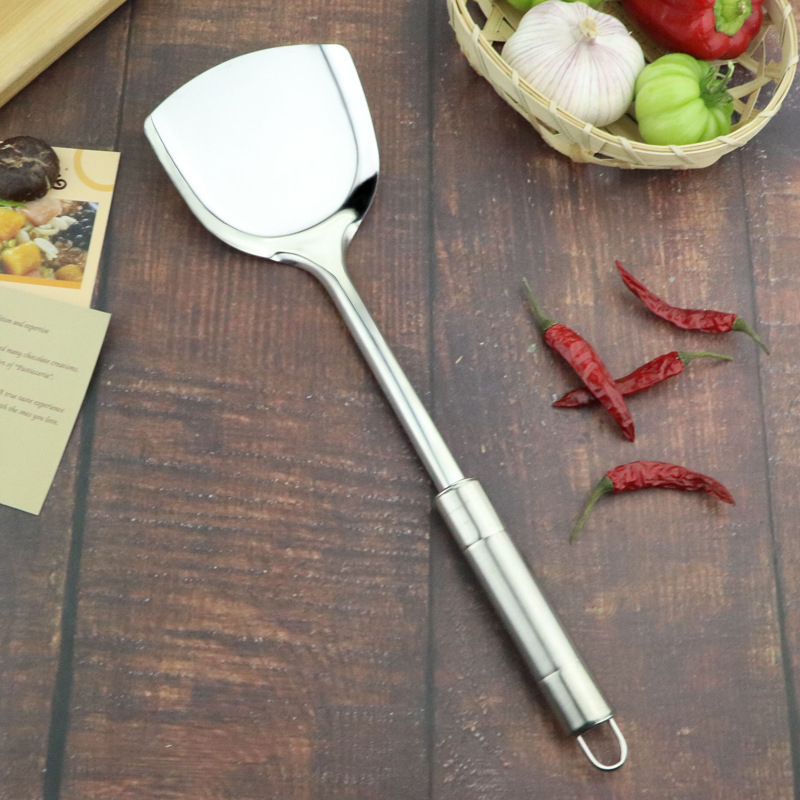 Set de ustensile din oțel inoxidabil: spatulă pentru legume, lingură de supă, spatulă pentru prăjit și spatulă cu cap dublu, mâner lucios; oțel inoxidabil 201 nemagnetic.
