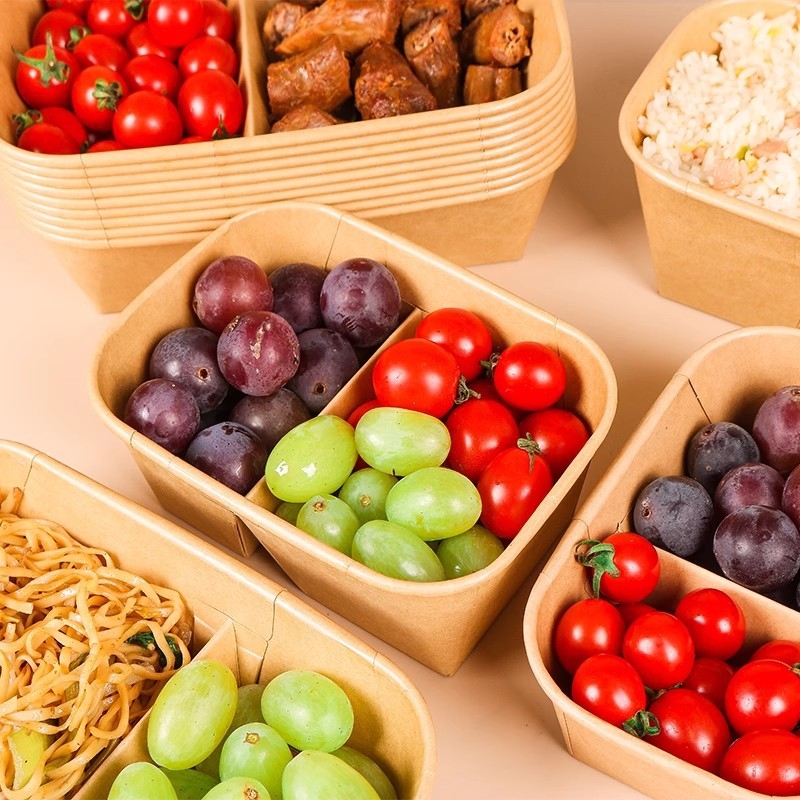 Cutie de prânz din carton kraft cu două compartimente, tacâmuri de unică folosință, potrivită pentru încălzire și refrigerare, cutie dreptunghiulară pentru picnic