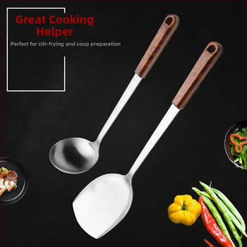 Set din oțel inoxidabil, cu mânere din lemn – spatule și linguri