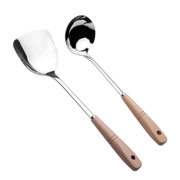 Set din oțel inoxidabil, cu mânere din lemn – spatule și linguri