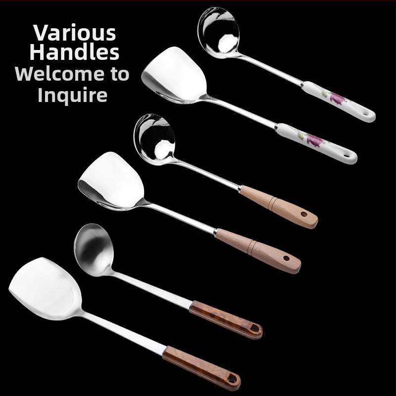 Set din oțel inoxidabil, cu mânere din lemn – spatule și linguri