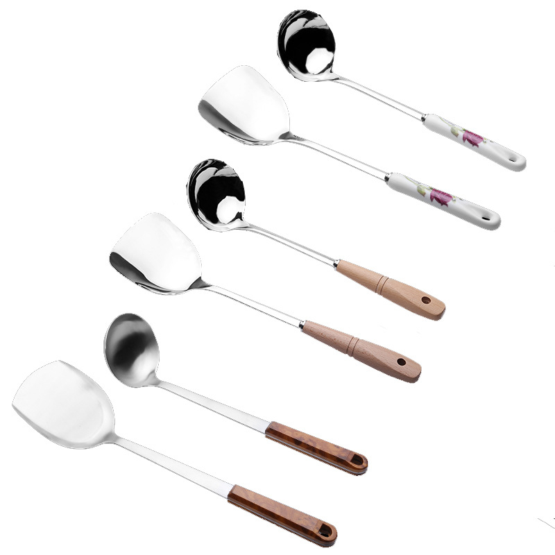 Set din oțel inoxidabil, cu mânere din lemn – spatule și linguri