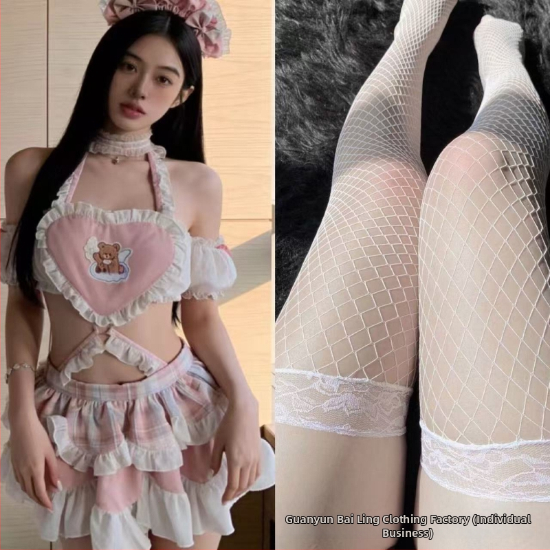 Lolita-inšpirovaný sexy set spodnej bielizne so štýlom slúžky, motív medvedieho srdca a sukňa odhaľujúca zadok, vyrobené z polyesteru