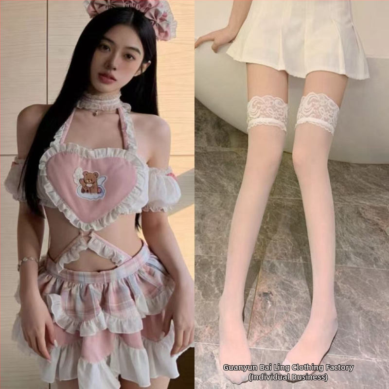 Lolita-inšpirovaný sexy set spodnej bielizne so štýlom slúžky, motív medvedieho srdca a sukňa odhaľujúca zadok, vyrobené z polyesteru