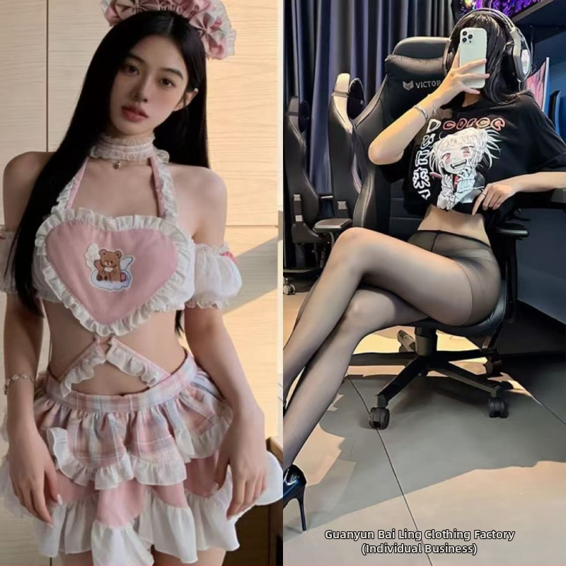Lolita-inšpirovaný sexy set spodnej bielizne so štýlom slúžky, motív medvedieho srdca a sukňa odhaľujúca zadok, vyrobené z polyesteru
