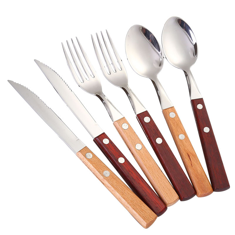 Set de tacâmuri din oțel inoxidabil 304 cu mânere din lemn, stil occidental — include lingură, cuțit pentru steak, furculiță, lingură de supă și lingură de desert