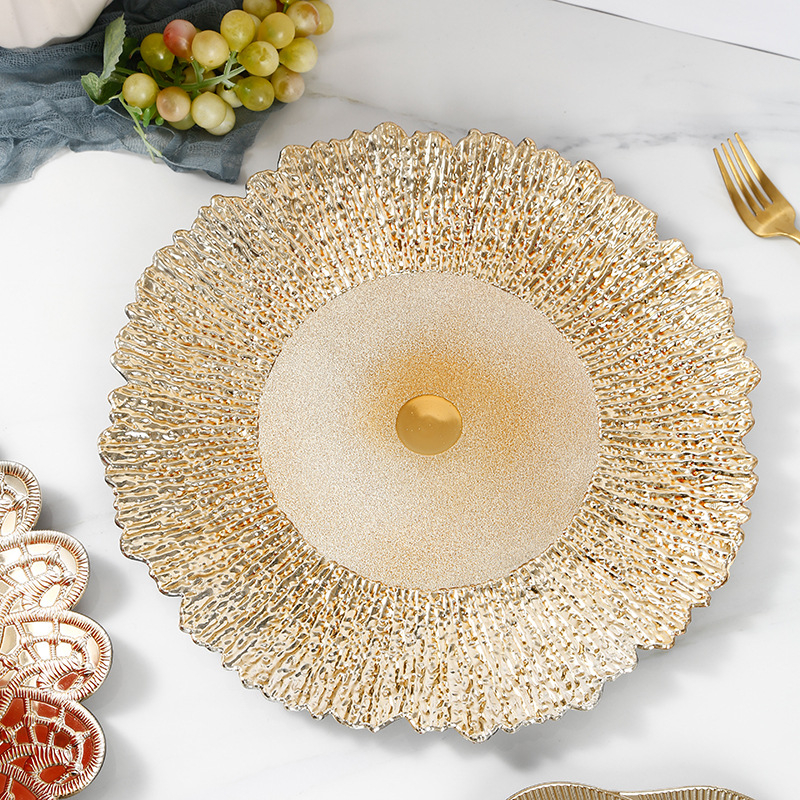 Charger Plate auriu, cu aspect de sticlă spartă – de unică folosință, decorativ circular pentru nunți și banchete