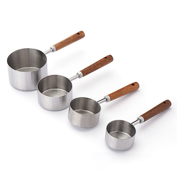 Set de 8 piese de linguri și căni de măsurat din oțel inoxidabil, cu scale roz-aurii și mânere din lemn