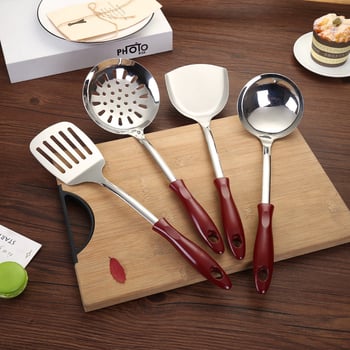 Set de ustensile de bucătărie din oțel inoxidabil, cu mâner roșu vârf ascuțit: spatulă, strecurător, lingură de supă