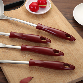 Set de ustensile de bucătărie din oțel inoxidabil, cu mâner roșu vârf ascuțit: spatulă, strecurător, lingură de supă