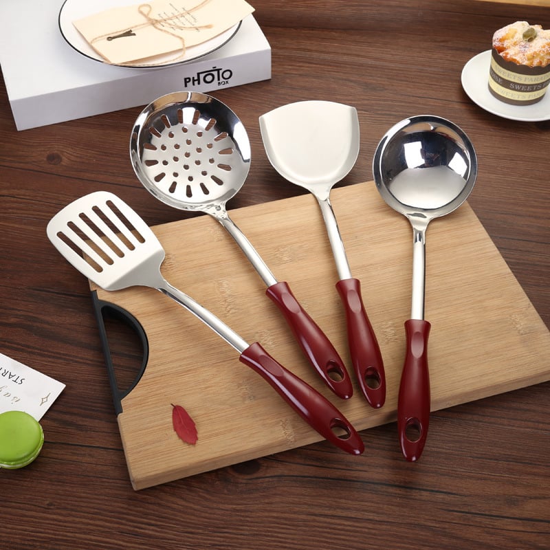 Set de ustensile de bucătărie din oțel inoxidabil, cu mâner roșu vârf ascuțit: spatulă, strecurător, lingură de supă