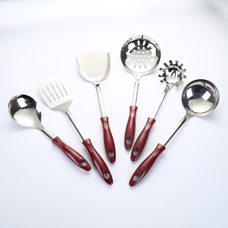 Set de ustensile de bucătărie din oțel inoxidabil, cu mâner roșu vârf ascuțit: spatulă, strecurător, lingură de supă