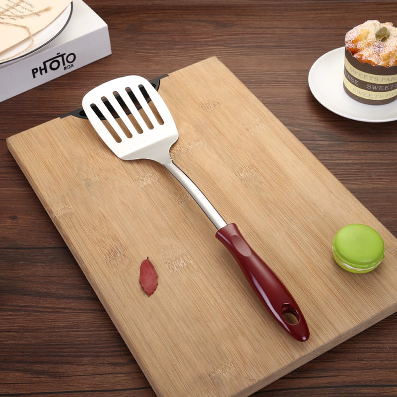 Set de ustensile de bucătărie din oțel inoxidabil, cu mâner roșu vârf ascuțit: spatulă, strecurător, lingură de supă