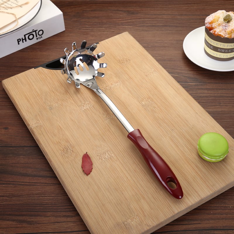 Set de ustensile de bucătărie din oțel inoxidabil, cu mâner roșu vârf ascuțit: spatulă, strecurător, lingură de supă