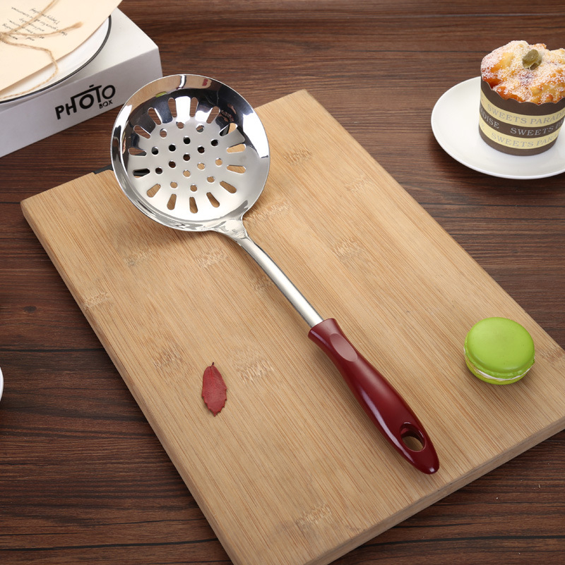 Set de ustensile de bucătărie din oțel inoxidabil, cu mâner roșu vârf ascuțit: spatulă, strecurător, lingură de supă