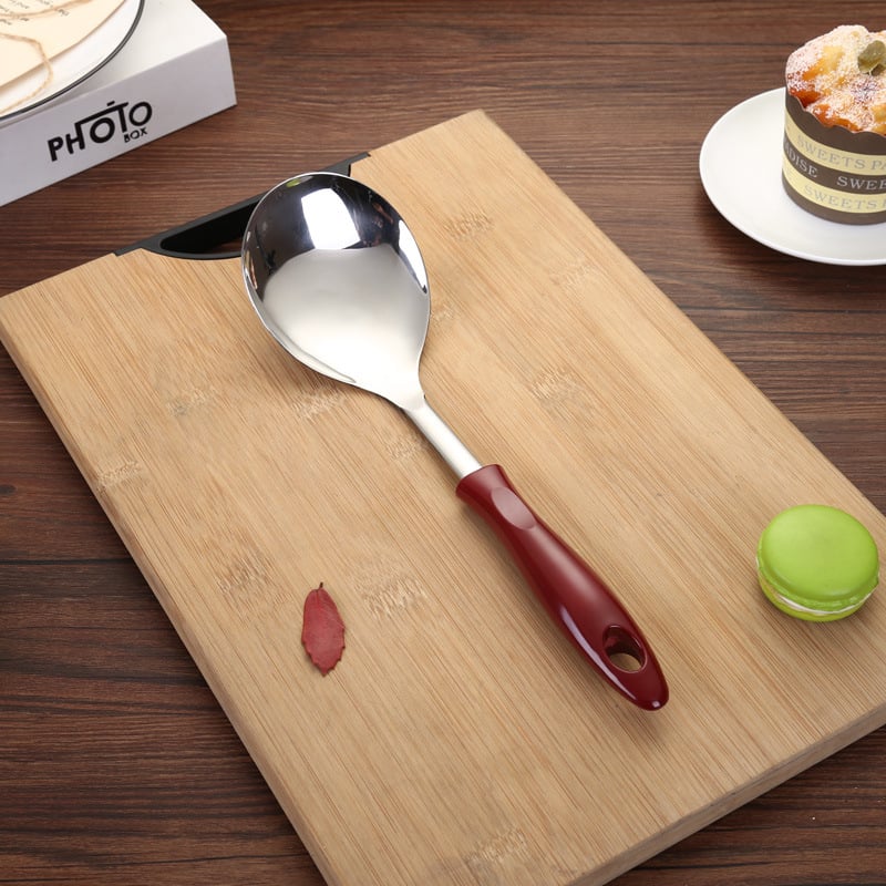 Set de ustensile de bucătărie din oțel inoxidabil, cu mâner roșu vârf ascuțit: spatulă, strecurător, lingură de supă