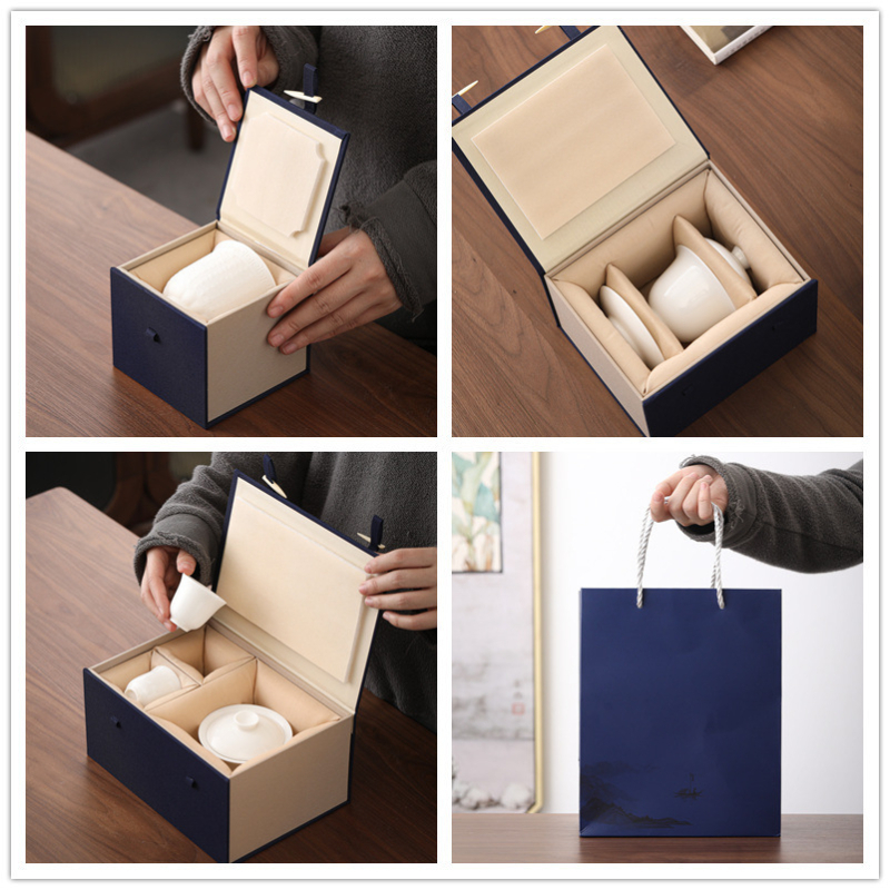 Set cadou albastru într-o cutie brocart pentru ceai: ceașcă, ceainic și bol cu capac