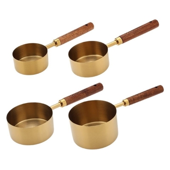 Cupe și linguri de măsură din oțel inoxidabil placate cu aur, set de 8 piese pentru copt, mânere din lemn de nuc, pentru cafea și ceai cu lapte