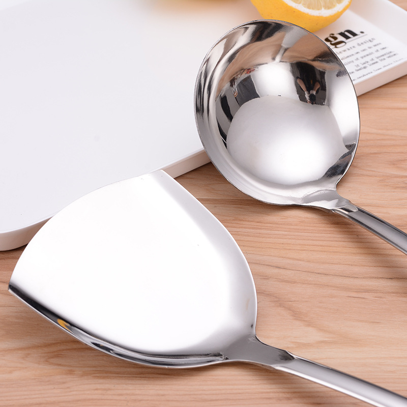 Set de ustensile de bucătărie din oțel inoxidabil, cu spatulă, lingură cu găuri și polonic — mânere groase, izolație termică.