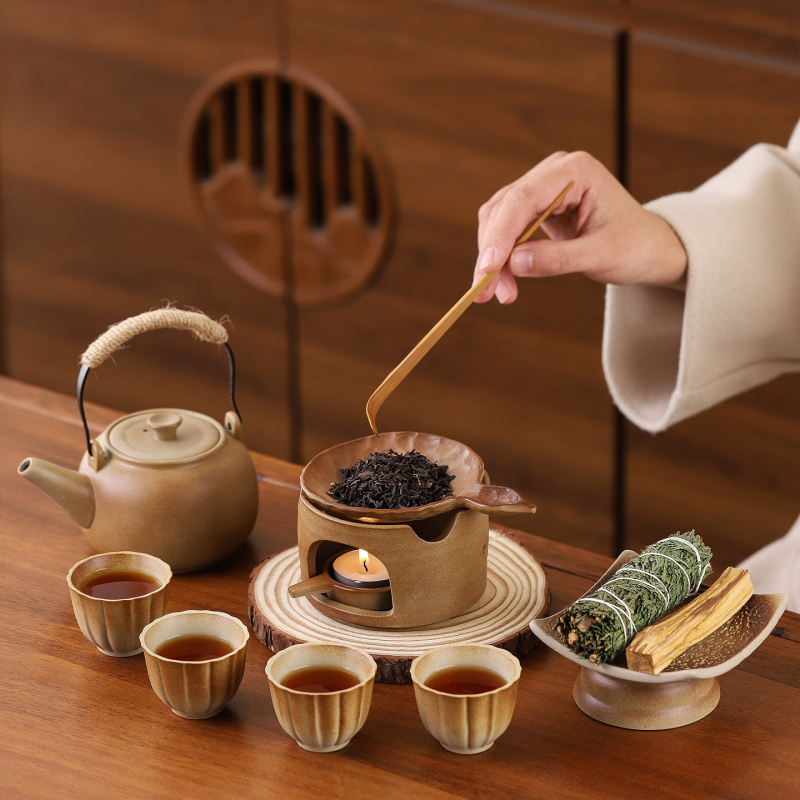 În stil japonez, încălzitor ceramic pentru ceai cu lumânare, difuzor de aromă pentru ceai și îmbunătățitor ceramic de aromă pentru frunze de ceai — set pentru ceremonia ceaiului