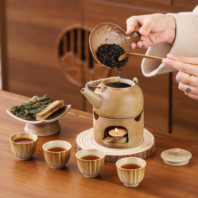 În stil japonez, încălzitor ceramic pentru ceai cu lumânare, difuzor de aromă pentru ceai și îmbunătățitor ceramic de aromă pentru frunze de ceai — set pentru ceremonia ceaiului
