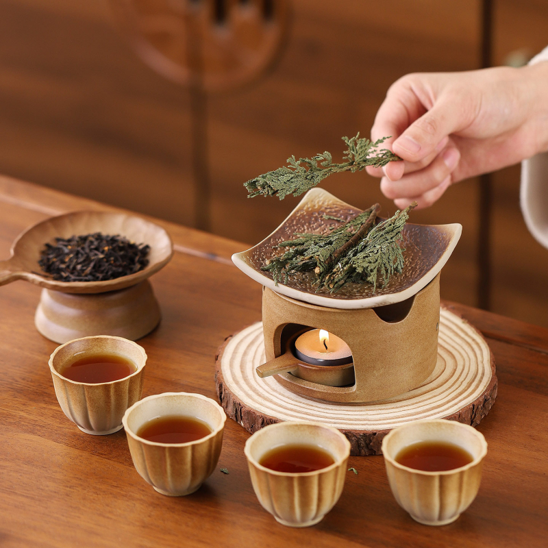 În stil japonez, încălzitor ceramic pentru ceai cu lumânare, difuzor de aromă pentru ceai și îmbunătățitor ceramic de aromă pentru frunze de ceai — set pentru ceremonia ceaiului