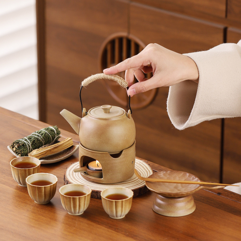 În stil japonez, încălzitor ceramic pentru ceai cu lumânare, difuzor de aromă pentru ceai și îmbunătățitor ceramic de aromă pentru frunze de ceai — set pentru ceremonia ceaiului