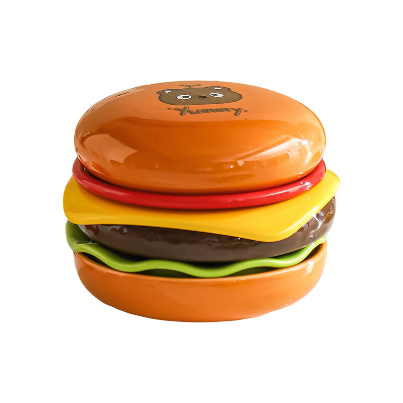 Set ceramic pentru sosuri și farfurii cu fructe, temă hamburger, culori sub glazură, pentru uz casnic
