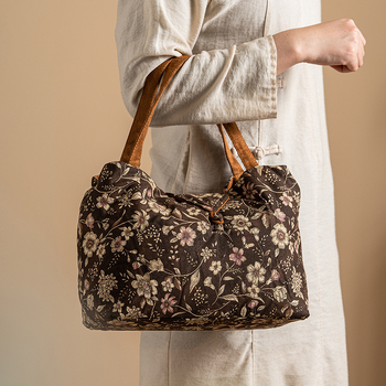 Geantă de depozitare pentru setul de ceai de călătorie, cu model floral dublu, kit portabil retro pentru ceremonia ceaiului, pentru ceainic, ceașcă și pliculețe de ceai