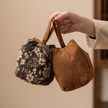 Geantă de depozitare pentru setul de ceai de călătorie, cu model floral dublu, kit portabil retro pentru ceremonia ceaiului, pentru ceainic, ceașcă și pliculețe de ceai