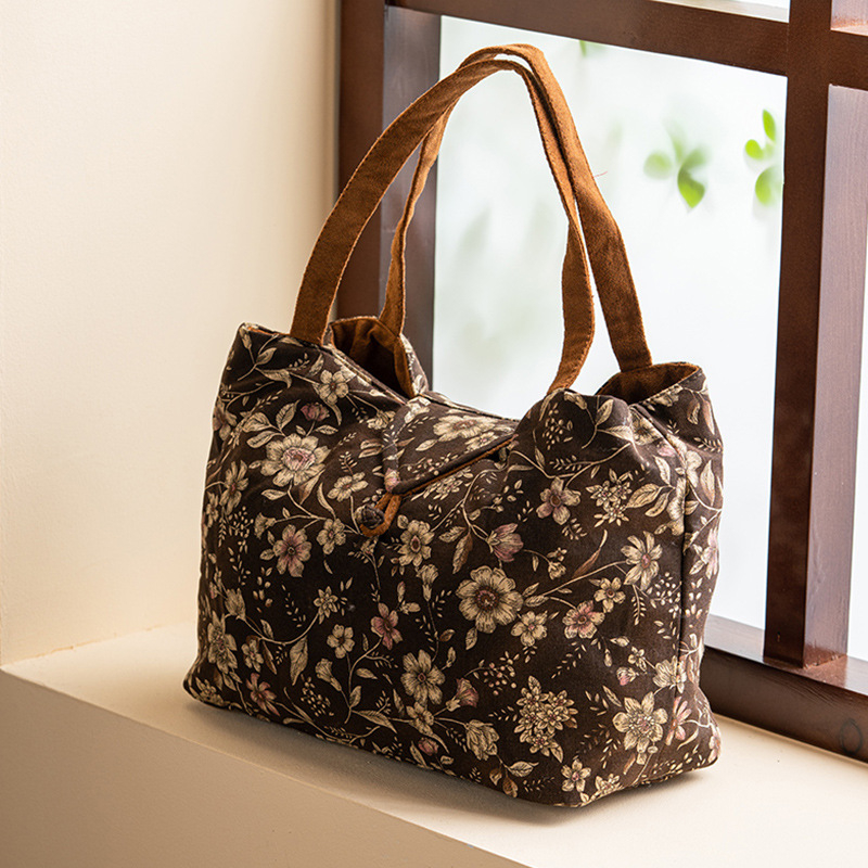 Geantă de depozitare pentru setul de ceai de călătorie, cu model floral dublu, kit portabil retro pentru ceremonia ceaiului, pentru ceainic, ceașcă și pliculețe de ceai