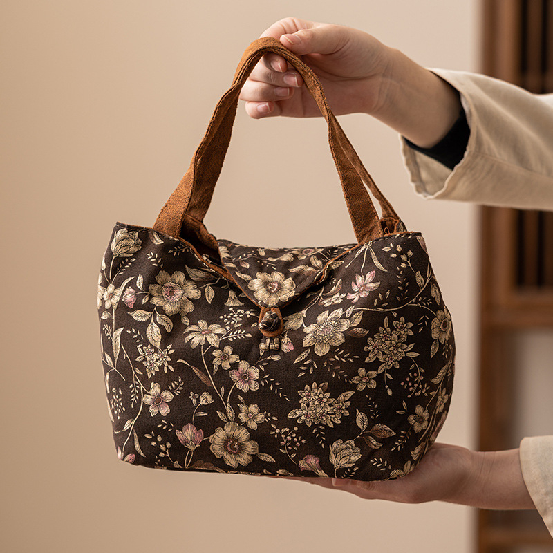 Geantă de depozitare pentru setul de ceai de călătorie, cu model floral dublu, kit portabil retro pentru ceremonia ceaiului, pentru ceainic, ceașcă și pliculețe de ceai