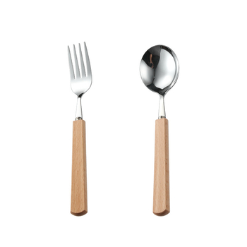 Set tacâmuri cu mâner din lemn de fag, oțel inoxidabil 304, cuțit și furculiță, stil occidental, design minimalist.