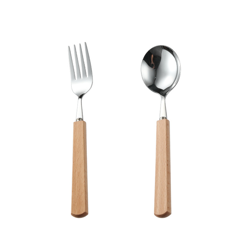 Set tacâmuri cu mâner din lemn de fag, oțel inoxidabil 304, cuțit și furculiță, stil occidental, design minimalist.