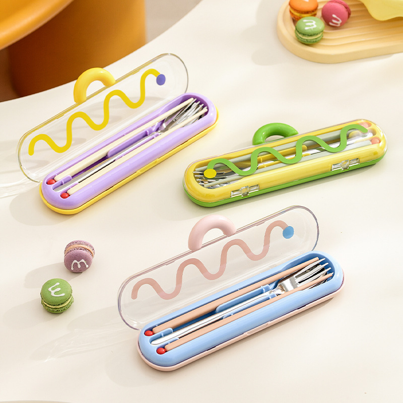 Set portabil de tacâmuri din oțel inoxidabil 304, cu bețișoare, lingură, furculiță și cutie de depozitare – pentru elevi