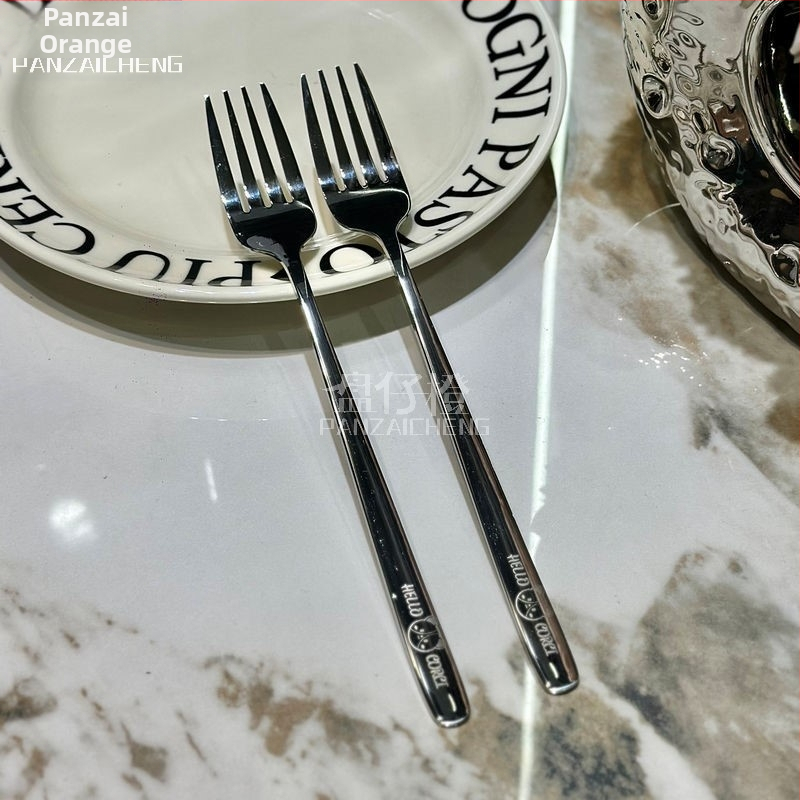 Oranžové nerezové oceľové vidličky 410 — súprava: vidlička na šalát, dezertná vidlička a vidlička na steak s dlhým držadlom