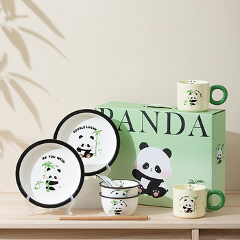 Set de vase Porțelan Panda – stil drăguț, boluri, farfurii și bețișoare pentru uz casnic