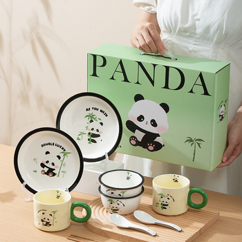 Set de vase Porțelan Panda – stil drăguț, boluri, farfurii și bețișoare pentru uz casnic