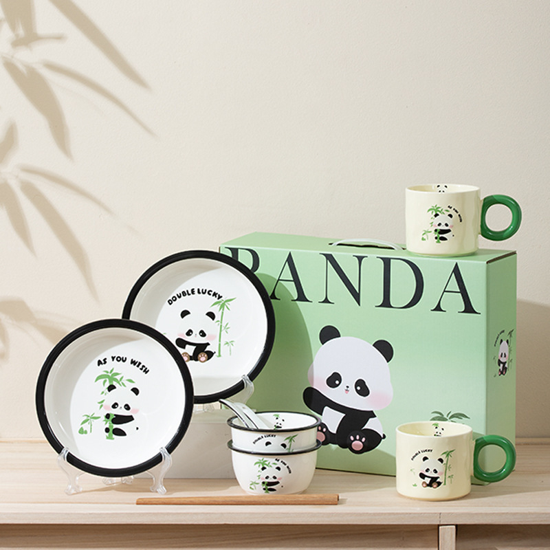 Set de vase Porțelan Panda – stil drăguț, boluri, farfurii și bețișoare pentru uz casnic