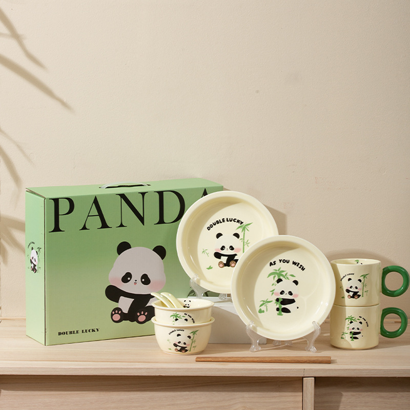 Set de vase Porțelan Panda – stil drăguț, boluri, farfurii și bețișoare pentru uz casnic