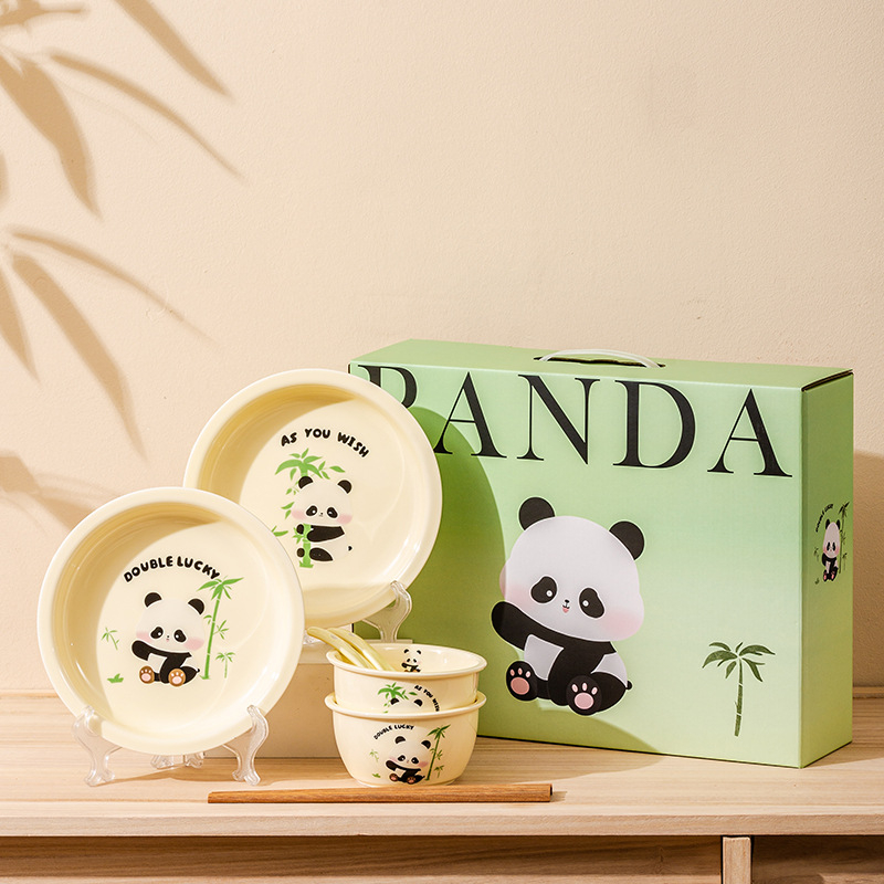 Set de vase Porțelan Panda – stil drăguț, boluri, farfurii și bețișoare pentru uz casnic