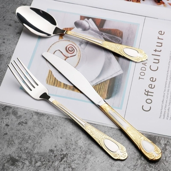 Set din trei piese: cuțit, furculiță și lingură, din oțel inoxidabil, stil european, design retro
