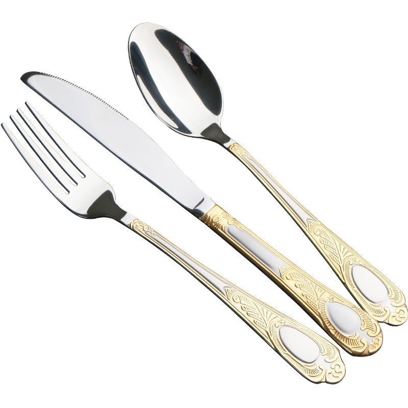 Set din trei piese: cuțit, furculiță și lingură, din oțel inoxidabil, stil european, design retro