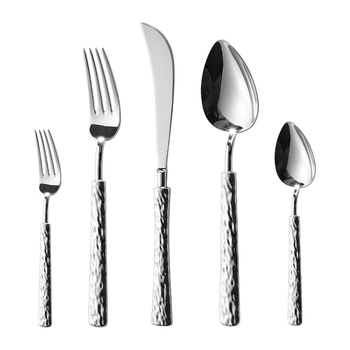 Set tacâmuri din oțel inoxidabil 304 cu model relief de piatră; furculiță, cuțit și lingură; cuțit de friptură în stil american