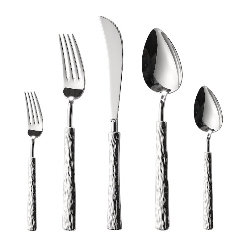 Set tacâmuri din oțel inoxidabil 304 cu model relief de piatră; furculiță, cuțit și lingură; cuțit de friptură în stil american