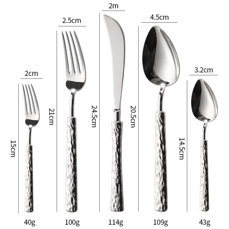 Set tacâmuri din oțel inoxidabil 304 cu model relief de piatră; furculiță, cuțit și lingură; cuțit de friptură în stil american