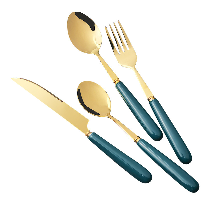 Set Nordic din ceramică și oțel inoxidabil: cuțit, furculiță, lingură și bețișoare, pentru utilizare acasă și în restaurant.